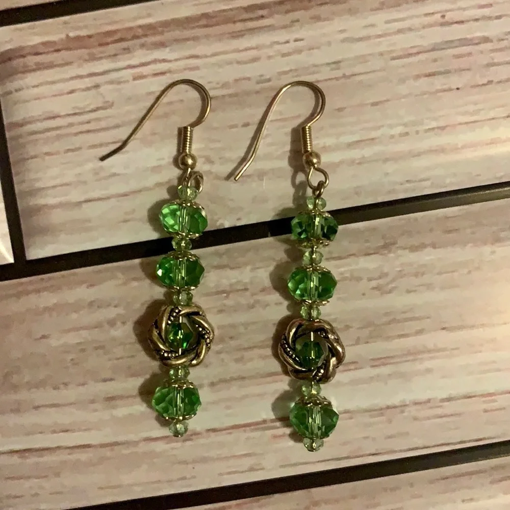 Green & Silver Beaded Earrings - Picture 2 of 2